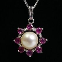 9ct white gold ruby and cultured pearl pendant and chain, 4.5 grams, pendant 15mm diameter, chain