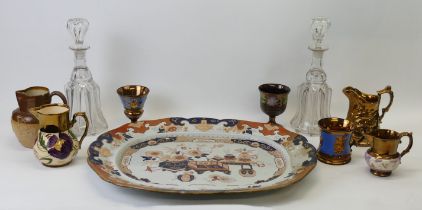 Victorian Ironstone meat plate, lustre pottery jugs, Doulton jug and a pair of glass decanters (29