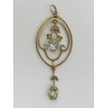 9ct gold aquamarine and seed pearl pendant, 2.4 grams, 58mm x 21mm.