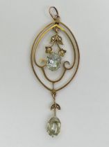 9ct gold aquamarine and seed pearl pendant, 2.4 grams, 58mm x 21mm.