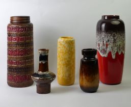 Five West German Lava and other vases including a scarce yellow example. 40cm tallest.