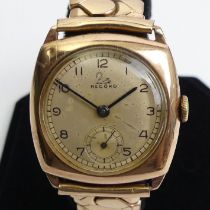 9ct rose gold Record manual wind watch on an expanding gold plated strap, 30mm x 32mm. Condition