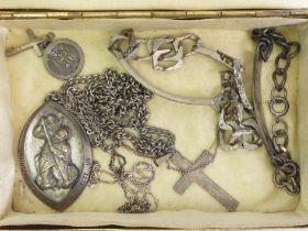 A jewellery box containing silver items including I.D. bracelets and a St Christopher pendant and