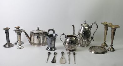 A box of silver and plated items including silver candlesticks.