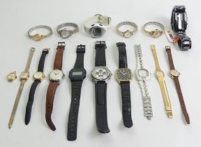 A box of ladies and gents watches including a Ronet 17 jewel manual wind watch.