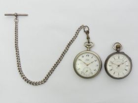 Silver open face pocket watch, Chester 1897, a silver Albert chain and a Lanco pocket watch.