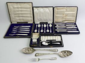 Silver napkin ring, cased teaspoons, silver handled knives and forks cased, a single fork and a pair