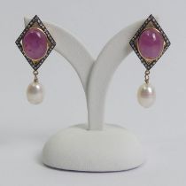 A pair of 14ct gold ruby and diamond cultured pearl drop earrings, 9.7 grams, 35mm x 16mm.
