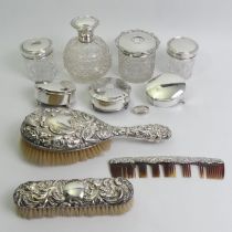 Eleven silver dressing table items, including a hobnail cut glass perfume bottle, Birm.1912, 13 cm.