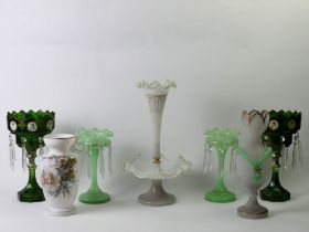 Two pairs of Victorian and later glass lustres and an epergne. Tallest 38cm. Collection only.