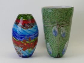 Two Murano art glass cased multi-coloured vases. Tallest 31 cm x 19.5 cm. Collection only.