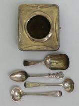 Georgian silver caddy spoon, two salt spoons, a commemorative spoon and a silver pocket watch