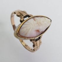 9ct gold carved coral cameo ring, 2.6 grams, 17.6mm, size Q.