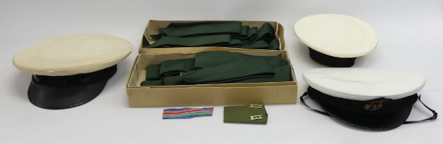 Three naval caps together with two boxes of army ties, one hat marked size 7.
