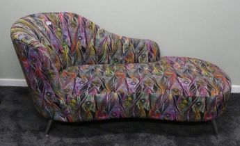 A modern chaise lounge in a striking peacock design fabric. 170 cm long.