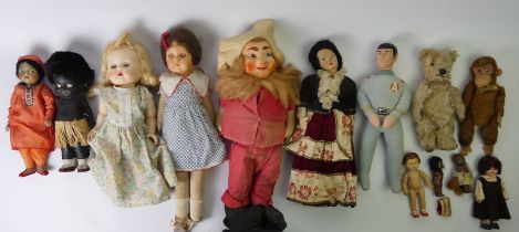 A box of old dolls and bears to include a Mohair example.