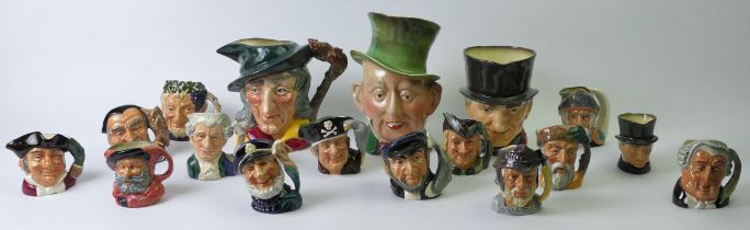 16 Royal Doulton character jugs including the Pied Piper along with a Beswick Micawber. Tallest 24