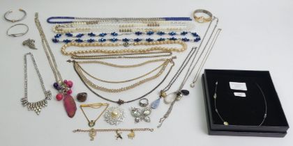 A box of mixed costume jewellery including a boxed Swarovski crystal necklace, an opal pendant and a