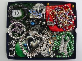 A collection of costume jewellery including a silver cat brooch, Honora pearls and a Jon Richard