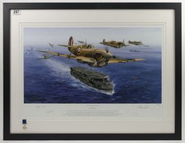 A Framed and glazed limited edition print 'Spitfires Malta Bound' signed by various pilots including