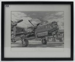 Framed and glazed signed print of a Lancaster, signed to the bottom by Johnny Johnson D.F.M. 54 x
