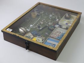 A stall holders display cabinet and contents including a peridot bracelet and silver pendants,