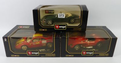 Three boxed Bburago cars 1961 Jaguar 'E' cabriolet, Ferrari 250 Testa Rossa and Ferrari 348 tb