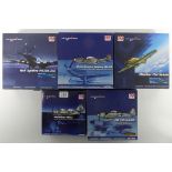 Five boxed Hobbymaster diecast war planes, North America Mustang MKIVA, FW190A-8/R2, Hawker