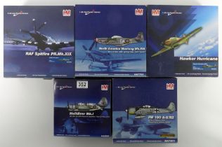 Five boxed Hobbymaster diecast war planes, North America Mustang MKIVA, FW190A-8/R2, Hawker