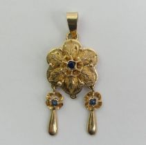 9ct gold and sapphire pendant, 2.1 grams, 35mm x 15mm.