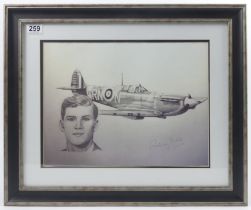 A framed and glazed Spitfire and Pilot print signed by Rodney Scrase. 59 x 49 cm. Collection only.