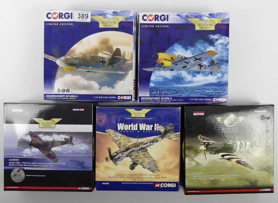 Five boxed Corgi diecast Aviation Archive war planes, AA31932 Supermarine Spitfire MKIX, AA28003