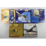 Five boxed Corgi Archive Aviation war planes, AA32002 Hawker Hurricane MKII, 49301 P510 Mustang,