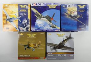 Five boxed Corgi Archive Aviation war planes, AA32002 Hawker Hurricane MKII, 49301 P510 Mustang,
