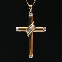 9ct gold diamond cross pendant and chain, 4.2 grams, cross 39mm x 22mm.