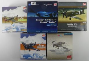 Five boxed Hobbymaster war planes including Douglas A20, FSF5N, Spitifre HVV, 1:72 scale.