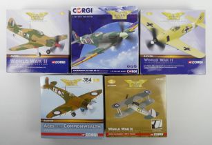 Five boxed Corgi Archive Aviation war planes, AA31910 Spitfire MKVC, AA36203 Gloster Sea Gladiator