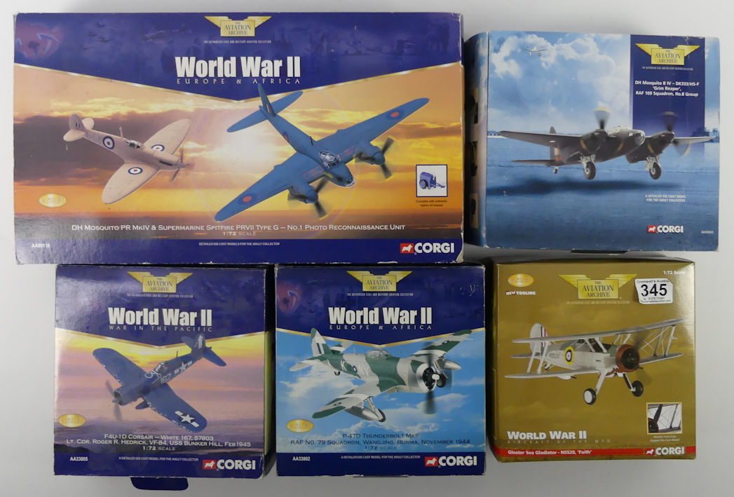 Five boxed Corgi diecast Aviation Archive war planes AA36023 Sea Gladiator, AA32801 DH Mosquito,