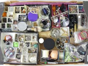 A box of jewellery findings, strings and ribbon, beads and pins.