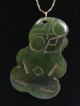 New Zealand Jade tiki pendant and 9ct gold chain, 2.6 grams, tiki 40mm x 26mm, chain 48cm.