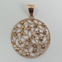 9ct rose gold foliate design pendant, 3.6 grams, 36.5mm in diameter.