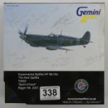 Boxed Gemini Aces diecast supermarine spitfire HF MK 1XE multi-signed to the front of box.