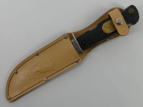 A German Decora Solingen multi tool hunting knife and sheath, blade 13.5cm.