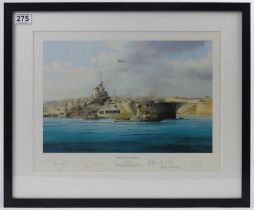 A limited edition print of H.M.S Illustrious signed by various pilots including Tom Neil and Billy