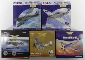 Five boxed Corgi diecast Aviation Archive war planes. AA39704 Hawker Hurricane MK 11C AA32206