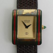 Gucci silver vermeil and enamel quartz watch, boxed, 24mm x 30mm.