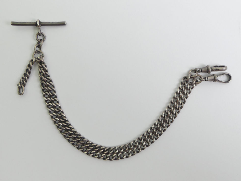 Silver curb link sliding T-Bar pocket watch Albert chain, 36 grams, 42.5cm.