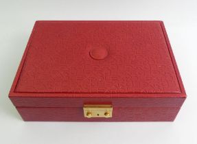 Rolex red leather jewellery and watch box with key, 29.5cm x 21cm x 9cm.