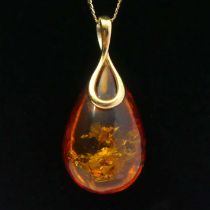 Silver vermeil amber pendant and chain, 7.7 grams, pendant 41mm x 20mm.