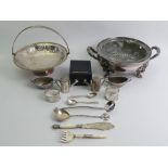A collection of silver and plated items, including an ornate silver plated bowl and liner, bowl 30cm